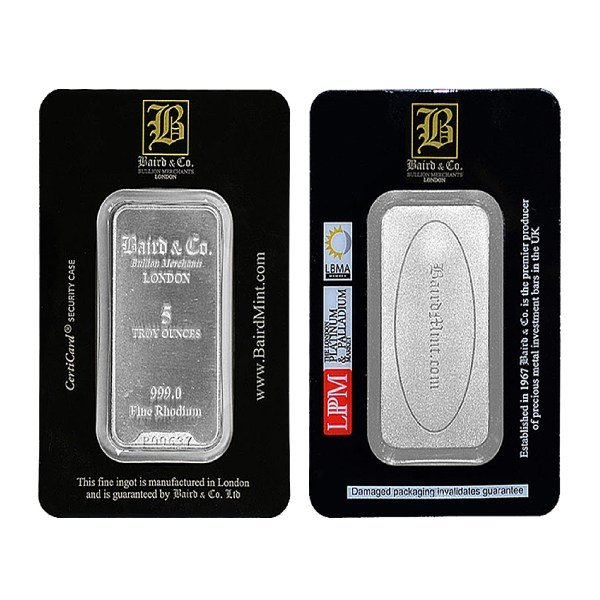 Buy pure 5 ounce rhodium bar in assay card, Baird & Co. Bullionlegacy