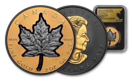 2023 $200 2-oz Gold Super Incuse Maple Leaf Black Rhodium Reverse Proof NGC PF70 First Day of Issue w/Black Gold Incuse Maple Leaf Label